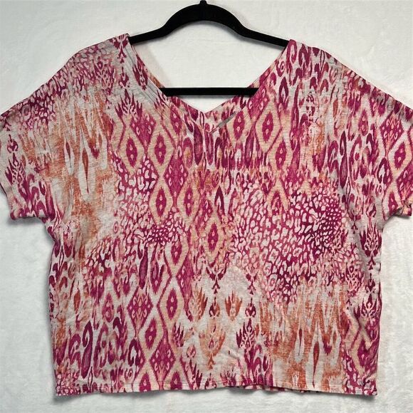 Chico's Women's 3P Multicolor Linen Cheetah Ikat V-Neck Short Sleeve Tee - Picture 1 of 7